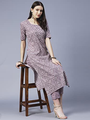 Anni Designer Women'S Cotton Blend Printed Straight Kurta With Pant Pack Of 2 (Cmb-Batakli-Purple-Puram Pink_Xxl_Multi_Xx-Large),Multicolour,2XL,Cotton Blend,Regular,