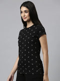 Enamor Essentials Short Sleeve Round Neck Slim Fit Stretch Cotton Lounge Tshirt For Womens-E247 (E247_Jet Black Deer Aop_S)