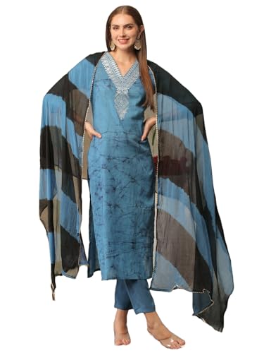 Anni Designer Women'S Cotton Blend Printed Straight Kurta With Pant & Dupatta (Suhana Blue_L_Blue_Large),Blue,L