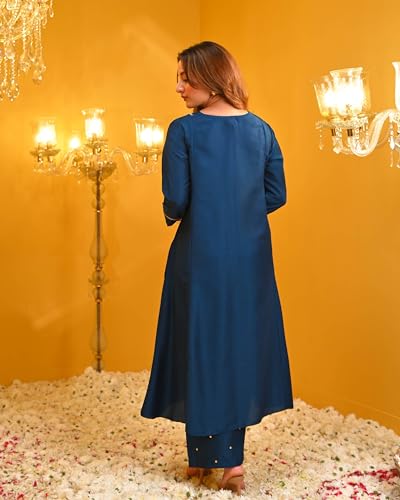 Gosriki Women'S Rayon Blend Straight Solid Kurta With Palazzo (Moroko Kerosin-Gs_L_Blue_Large),Blue,,B0DJWFRGXB