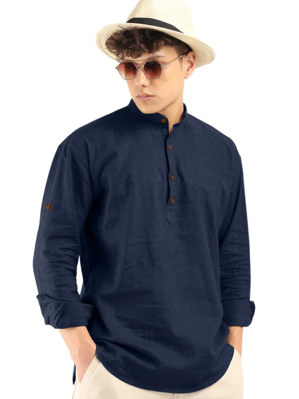 Royalscout Men'S Cotton Polyester Blend Solid Regular Fit Full Sleeve Short Kurta Navy
