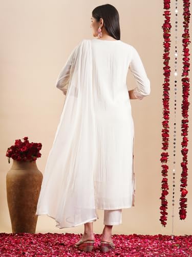 Anni Designer Women'S Rayon Blend Staright Embroidered Kurta With Pant & Dupatta (Kochi White_Xl_White_X-Large),White,XL,Rayon Blend,Regular,