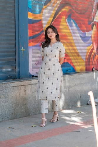 Anni Designer Women'S Rayon Viscose Straight Printed Kurta With Pant (Ochi White_M_White_Medium),White,M,Rayon,Regular,