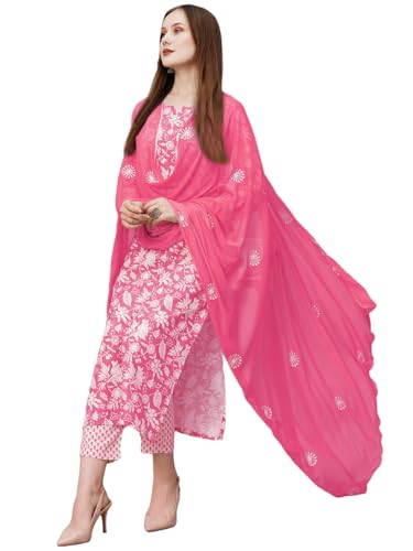 Anni Designer Women'S Cotton Blend Straight Printed Kurta With Pant & Dupatta (Mei Pink-Nw_L_Pink_Large),Pink,L
