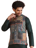 Kisah Men'S Ethnic Wear Regular Fit Printed Cotton Blend Multi-Green Nehru Jacket-40