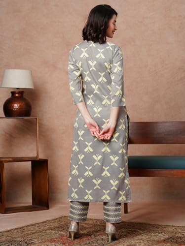 Anni Designer Women'S Cotton Blend Straight Printed Kurta With Pant (Naviba Grey_Xxl_Grey_Xx-Large),Grey,2XL,Cotton Blend,Regular,