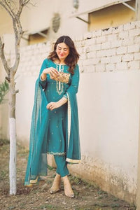 Anni Designer Cotton Blend Women'S Calf Length Embroidered Straight Kurta With Pant & Dupatta (Aaniyat Green-Nvw Small),Green,S,Cotton Blend,ANNI DESIGNER Women's Cotton Blend Straight Embroidered Kurta with Pant & Dupatta (Aaniyat Green-NVW),