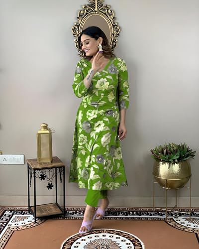 Anni Designer Women'S Cotton Blend Straight Printed Kurta With Pant (Dhun Green_S_Green_Small),Green,S,Rayon Blend,Regular,Kurta