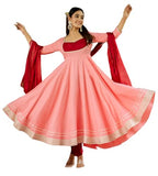 Anni Designer Women'S Rayon Viscose Solid Anarkali Kurta With Pant & Dupatta (Kuspari Peach_S_Peach_Small),Peach,S