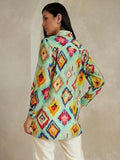 Leriya Fashion Women's Rayon Ikat Printed Casual Shirt Tops for Women Long Cuff Sleeves Collared Neck Button Down Tunic for Outing Travel Holiday Party Office Wear Shirts (X-Large Aqua Green),Aqua Green
