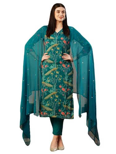 Anni Designer Women'S Cotton Blend Straight Printed Kurta With Pant & Dupatta (Geto Rama-Nfb_L_Green_Large),Blue,L