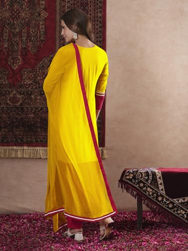 Anni Designer Women'S Cotton Blend Straight Solid Kurta With Pant & Dupatta (Panai Yellow_M_Yellow_Medium),Yellow,M,Rayon Blend,Regular,