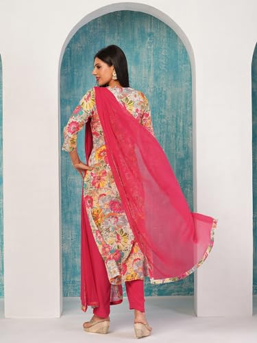 Anni Designer Women'S Cotton Blend Printed Straight Kurta With Pant & Dupatta (Ruth Pink-Nw_L_Pink_Large),Pink,L,Cotton Blend,Regular,