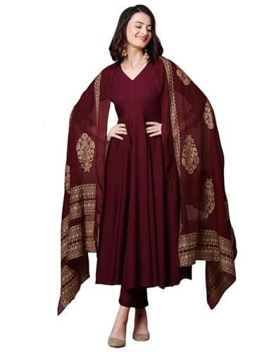 Anni Designer Women'S Rayon Blend Solid Anarkali Kurta With Pant & Dupatta (Magic-Wine-Ndm_Xl_Wine_X-Large),Wine,XL