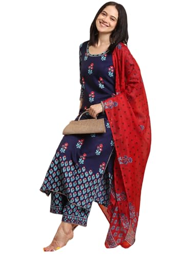 Anni Designer Women'S Rayon Blend Straight Printed Kurta With Pant & Dupatta (Masumi Blue-Vks01_Xl_Blue_X-Large),Blue,XL