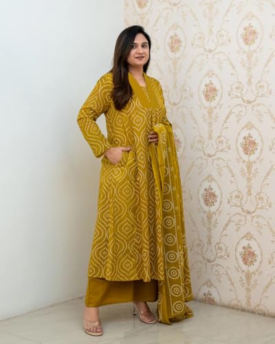 Anni Designer Women'S Rayon Viscose Anarkali Printed Kurta With Pant & Dupatta (Vangala Mehandi_Xxl_Mehandi_Xx-Large),Mehandi,2XL,Rayon,Kurta Set,