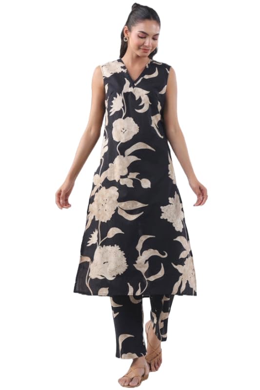 Anni Designer Women'S Rayon Viscose Straight Printed Kurta With Pant (Teras Black_S_Black_Small),Black,S