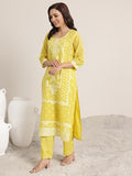 Yellow Floral Woven Design Straight Kurta & Wide Leg Solid Trouser With Woven Dupatta Yellow L