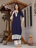 Anni Designer Women'S Cotton Blend Straight Solid Kurta With Pant (Takada Navy Blue_M_Navy Blue_Medium),Navy Blue,M,Cotton Blend,Regular,
