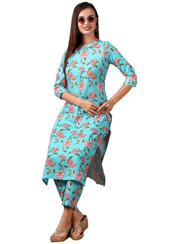 Anni Designer Women'S Cotton Blend Straight Printed Kurta With Pant (Nazuk Rama-Nw_Xl_Blue_X-Large),Blue,XL