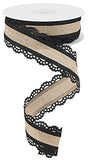 Scalloped Edge Canvas Ribbon, 10 Yards (Black, Light Beige, 1.5 Inch)