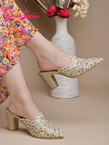 Shoetopia Women'S Golden Embroidered Block Heel Mules Ethnic Slip-On Sandals With Glitter Finish And Cutwork Detailing Eu38,Golden,5,B0BRQK4KMK