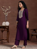 Libas Womens Woven Design Silk Blend Straight Kurta With Trousers And Dupatta Wine L