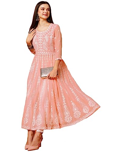 Anni Designer Women'S Georgette Chikankari Embroidered Anarkali Kurti (Kari Peach-Grt_L_Peach_Large),Peach,L