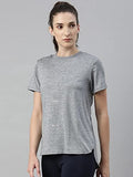 Enamor Athleisure Polyester Women's Relaxed Fit Crew Neck Hip Length Short Sleeves Quick Dry Antimicrobial 4 Stretch T-Shirt for Women - E105(E105-Blue Night Melange W/Magic-XL),Blue Ngt Mel /Magic
