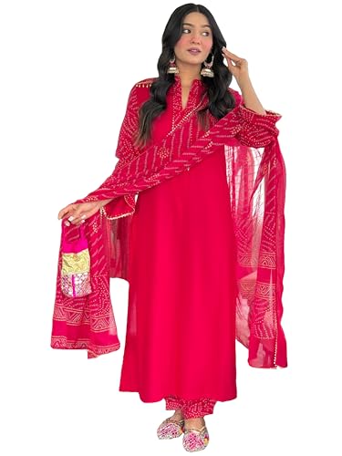Anni Designer Women'S Rayon Viscose Straight Bandhej Printed Kurta With Pant & Dupatta (Kriva Pink-Vks01_Xl_Pink_X-Large),Pink,XL