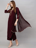 Anni Designer Women'S Cotton Blend Straight Embroidered Kurta With Pant & Dupatta (Dacia Maroon_M_Maroon_Medium),Maroon,M,Cotton Blend,Regular,