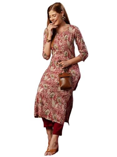 Gosriki Women'S Cotton Blend Straight Printed Kurta With Pant (Rajrita Maroon-Gs_S_Maroon_Small),Maroon,,B0D73Y3SCV
