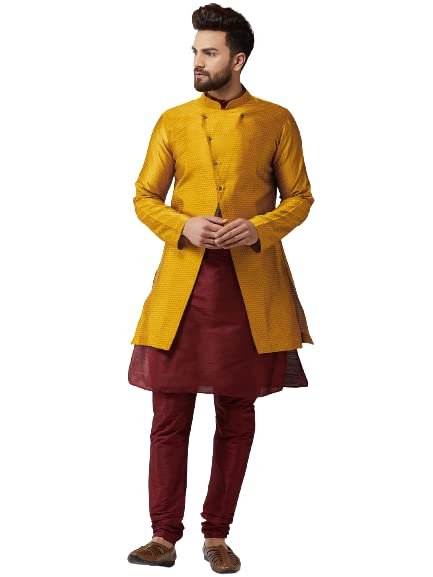 Sojanya (Since 1958 Men'S Silk Blend Maroon Kurta Churidaar Pyjama & Mustrad Jacket Combo Size 40