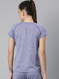 Enamor Athleisure Women's Raglan Sleeves Scoop Neck Slim Fit Quick Dry 4 Way Stretch Antimicrobial Active Tee with Reflective Graphic- E089(E089-Greek Blue Melange/ Matrix Ref-XL),Greekbluemel/Matrix