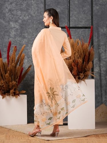 Anni Designer Women'S Cotton Blend Straight Printed Kurta With Pant & Dupatta (Gosala Peach-Nw_L_Peach_Large),Peach,L,Cotton Blend,Regular,