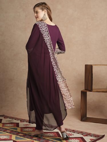 Anni Designer Women'S Rayon Blend Straight Embroidered Kurta With Pant & Dupatta (Trp Wine-Vks01_Xxl_Wine_Xx-Large),Wine,2XL,Rayon Blend,Regular,
