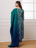 Anni Designer Women'S Rayon Blend Anarkali Printed Kurta With Pant & Dupatta (Dabu Kerosin_L_Dark Blue_Large),Dark Blue,L,Rayon Blend,Anarkali,