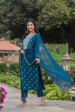 Gosriki Women'S Cotton Blend Straight Printed Kurta With Pant & Dupatta (Sawre Kerosin-Gs_S_Blue_Small),Blue,,B0CQPH1X8Z