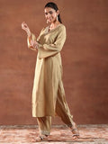Libas Gerua Womens Embroidered Silk Blend Straight Kurta With Salwar And Dupatta Beige S