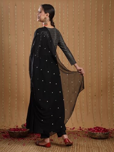 Anni Designer Women'S Viscose Rayon Mukaish Work Anarkali Kurta With Pant & Dupatta (Park Black_M_Black_Medium),Black,M,Rayon,Anarkali,