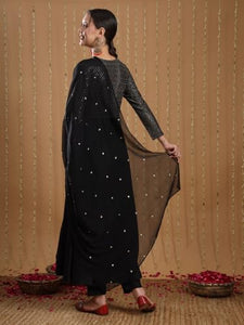 Anni Designer Women'S Viscose Rayon Mukaish Work Anarkali Kurta With Pant & Dupatta (Park Black_M_Black_Medium),Black,M,Rayon,Anarkali,