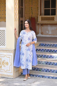 Gosriki Women'S Cotton Blend Printed Straight Kurta With Pant & Dupatta (Bhool Blue-Nw-Gs_M_Blue_Medium),Blue,,B0D17XVD4Q