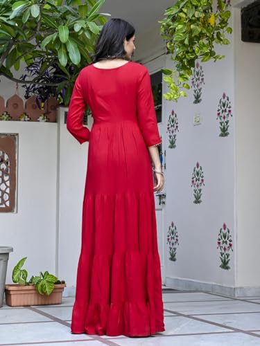 Gosriki Women'S Cotton Blend Solid Traditional Ethnic Long Flared Gown (Shasha Red-Gs_Xl_Red_X-Large),Red,,B0D41R91N1