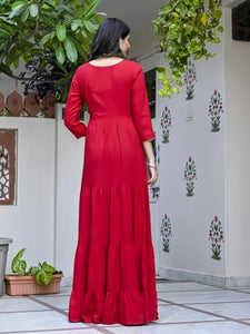 Gosriki Women'S Cotton Blend Solid Traditional Ethnic Long Flared Gown (Shasha Red-Gs_Xl_Red_X-Large),Red,,B0D41R91N1