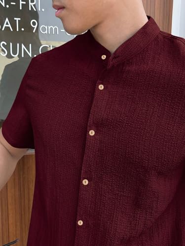 Toplot Men'S Solid Regular Fit Shirt (Popcorn-Mandarin-5210-Maroon-S_Maroon,Maroon,,B0DK5359W5