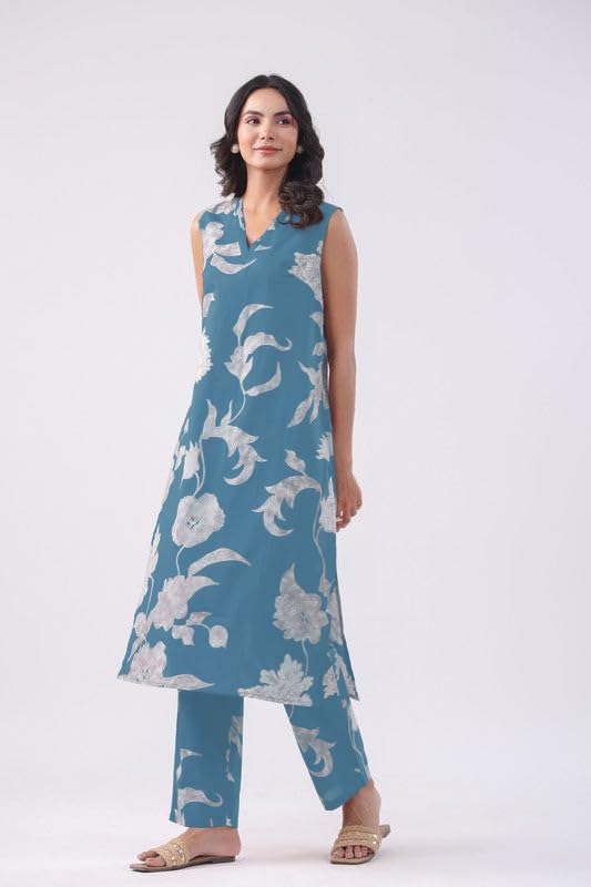 Anni Designer Women'S Rayon Viscose Straight Printed Kurta With Pant (Teras Sky Blue_M_Sky Blue_Medium),Sky Blue,M,,,