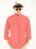 Royalscout Men'S Cotton Polyester Blend Solid Regular Fit Full Sleeve Short Kurta Peach Peach L Jm_Button_Peach_L