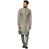 Kisah Men'S Grey Indo-Western Kurta Sherwani Churidar Set Cotton Full Sleaves, Knee Length, Straight, Regular Fit, Mandarin Coll