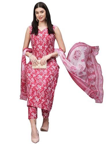 Gosriki Women'S Rayon Blend Straight Printed Kurta With Pant & Dupatta (Ball-Pink-Rkg-Gs_L_Pink_Large),Pink,,B0CT3KTQ47