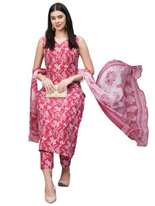 Gosriki Women'S Rayon Blend Straight Printed Kurta With Pant & Dupatta (Ball-Pink-Rkg-Gs_L_Pink_Large),Pink,,B0CT3KTQ47